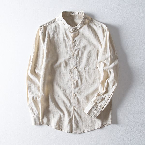 

men's casual shirts cotton linen long sleeve solid dress shirt men stand collar pocket business male camisa masculina ts-546, White;black