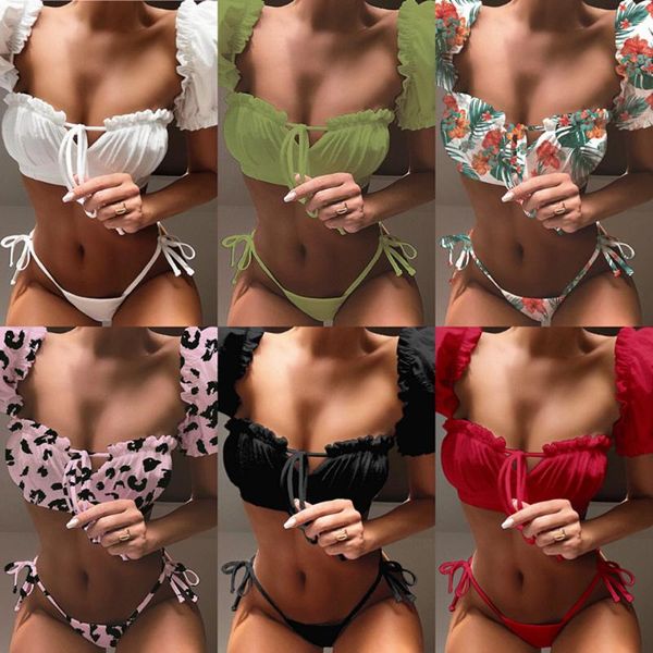 

ztvitality short sleeve string bikini 2020 new arrival padded lace low waist swimsuit female swimwear women print biquini, White;black