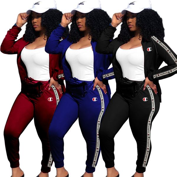 

champions women jacket suit long sleeve outerwear+tights 2 piece set outfits cardigan tracksuit fall clothes sportswear s-2xl sweatsuit 1482, Black;gray