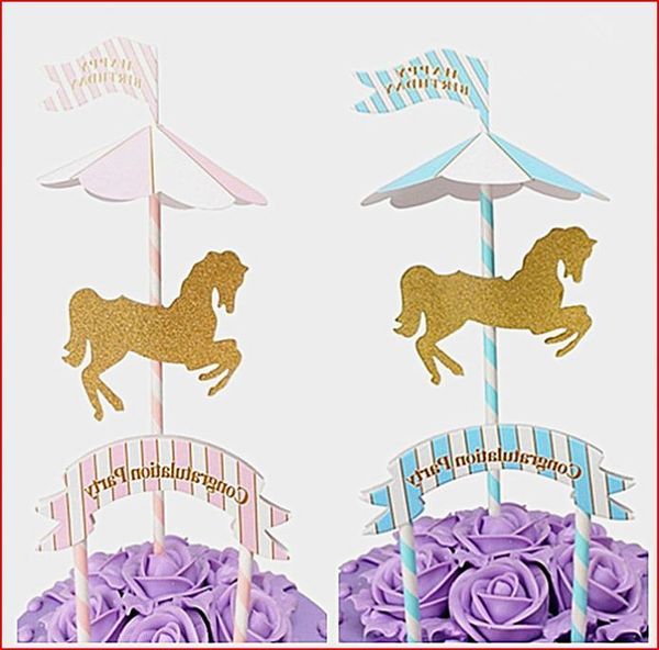 

1pcs carousel cupcake cake er cute horse cake flag baby shower kids children happy birthday party baking decoration supplies