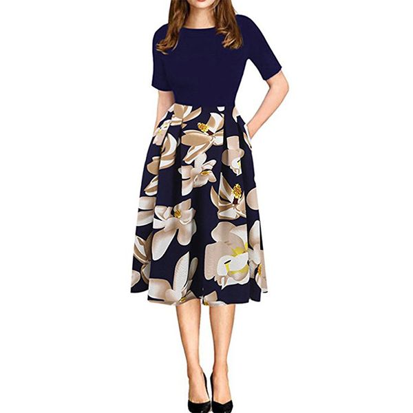

newly women autumn dress round neck short sleeves middle waist print slim fit dresses vk-ing, Black;gray