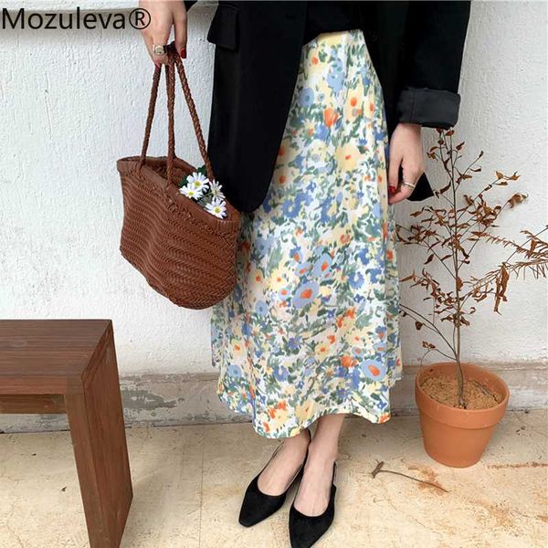 

skirts mozuleva 2021 vintage painting floral print women elegant elastic waist one piece midi female a-line with lining, Black