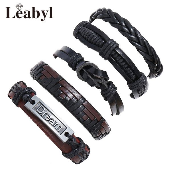 

leabyl classic retro dream letter bead bowknot braided wrap vintage bracelet set black brown cow leather strap punk men bracelet, Golden;silver