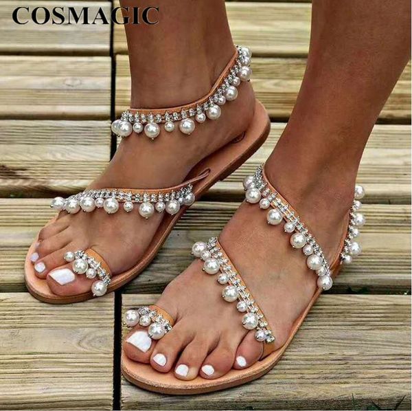 

cosmagic 2020 new summer women pearl sandals beach slip on national style weightlight string bead sandalias shoe, Black