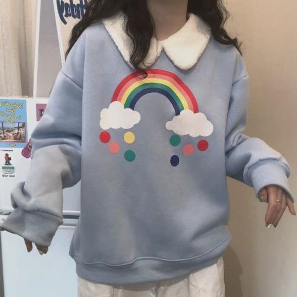 

autumn winter women rainbow print lamb wool hoodie sweatshirt young girl student plus velvet thicken pullover college style, Black