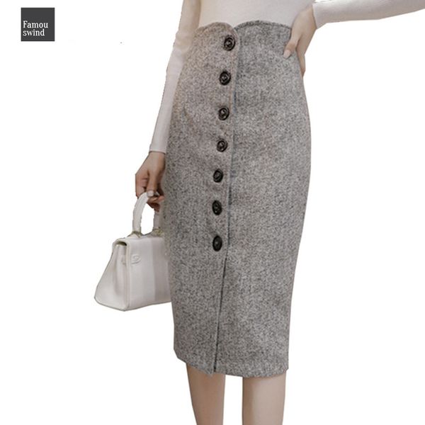 

высокая талия юбки шерстяные кнопка wrap midi офис дамы офис элегантный серый 2019 зимняя шерсть карандаш юбки faldas s1738, Black