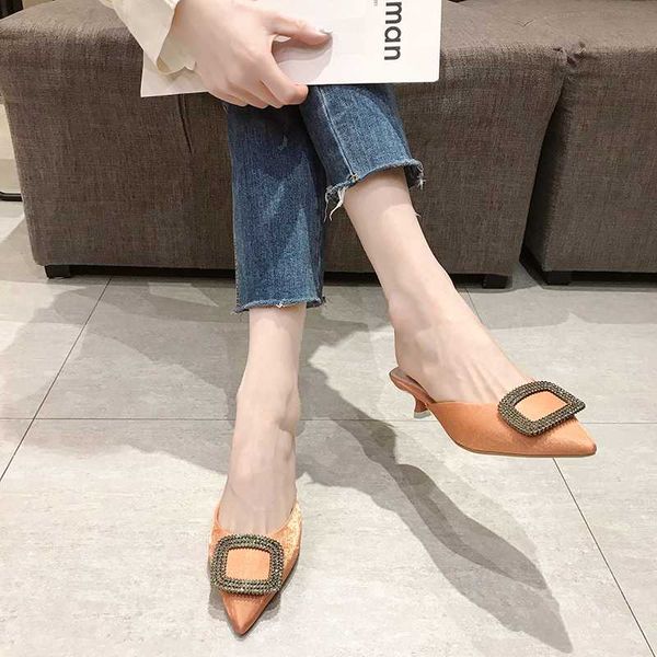 

low heel silk mules shoes women crystal buckle pointed toe slippers summer shiny half slippers elegant women sandals 2020, Black