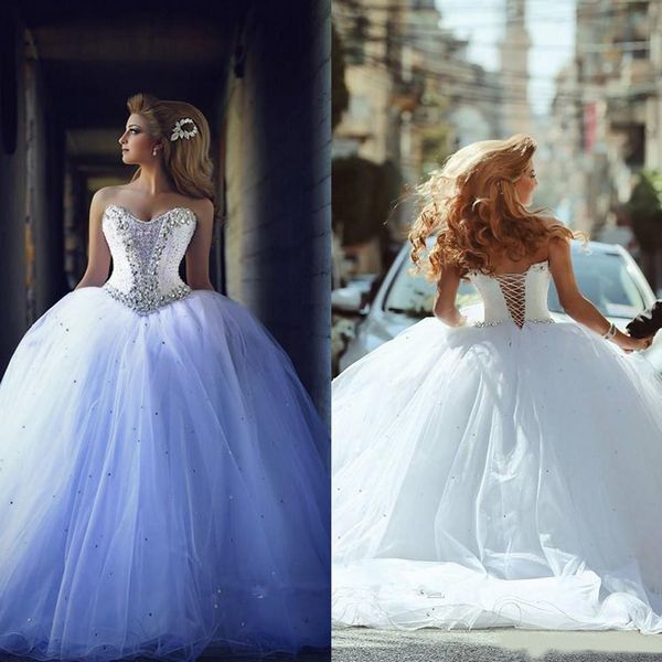 

luxury princess ball gown wedding dress sweetheart beads crystals sleeveless tulle bridal gowns custom made plus size wedding dresses, White