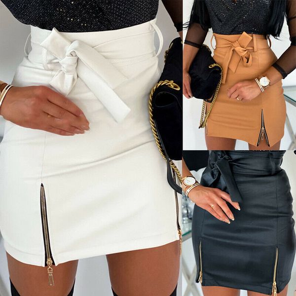 

women black pu leather pencil bodycon skirt double zipper high waist mini short skirt belt clubwear khaki