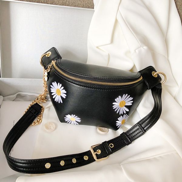 

solid pu leather daisy pattern chain bags for women 2020 summer women's messenger waist bag crossbody bags for women sac a main