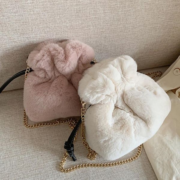 

elegant female casual bucket bag 2019 winter new soft plush women's designer handbag chain shoulder messenger bag