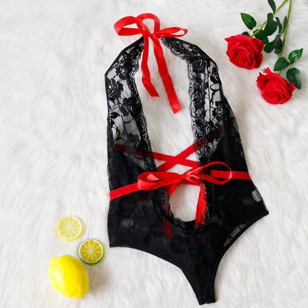 

woman's lace perspective deep v conjoined lingerie bikini hollow out erotic lingerie set ensemble camisole babydolls bra, Red;black