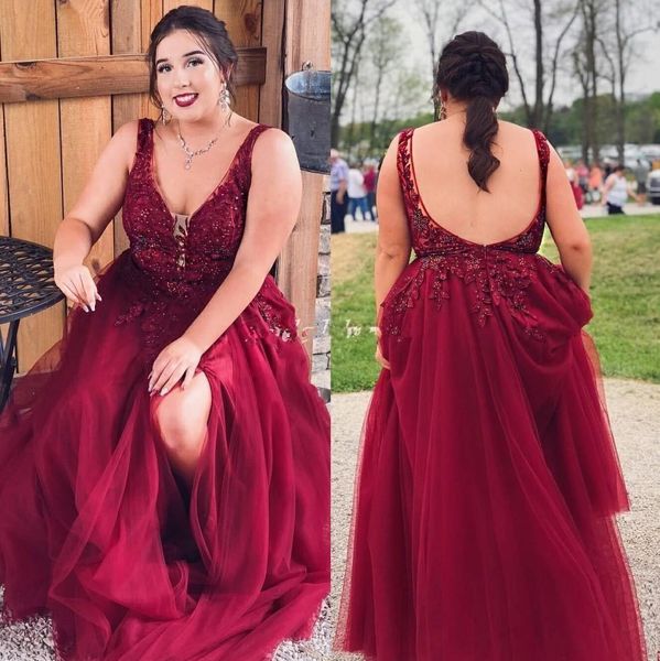 

plus dark red side split prom dresses v neck backless long appliques beads formal evening party gowns special occasion dresses, Black