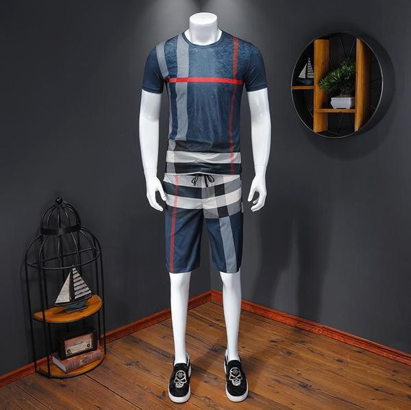 

luxury mens tracksuits fashion short sleeve pants striped print sports designer casual suits cotton brand tracksuits size -5xl, Gray