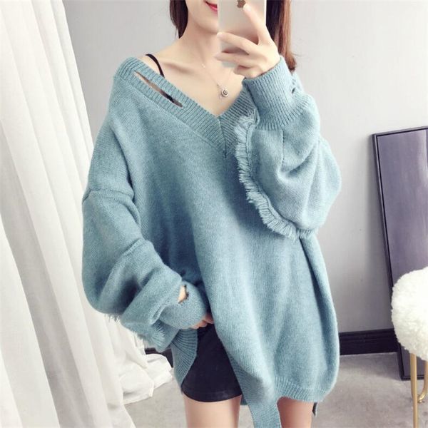 

v-neck tassel sweater women's head knit solid color long-sleeved loose autumn and winter thick warm 2019 new, White;black