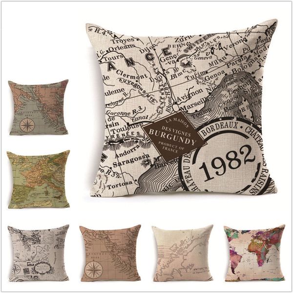 Vintage Burgundy Map Throw Massager Pillow Case Decorative Pillows