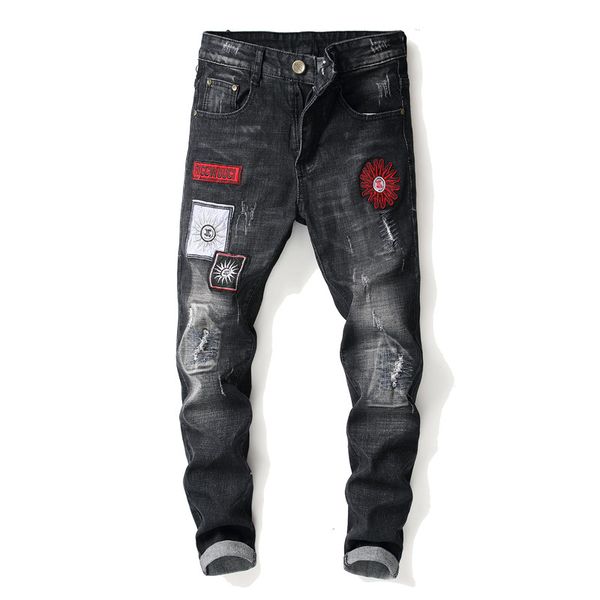 

2019 new fashion men holes embroidery black jean european high street motorcycle biker jeans men hip hop ripped slim jeans pants, Blue