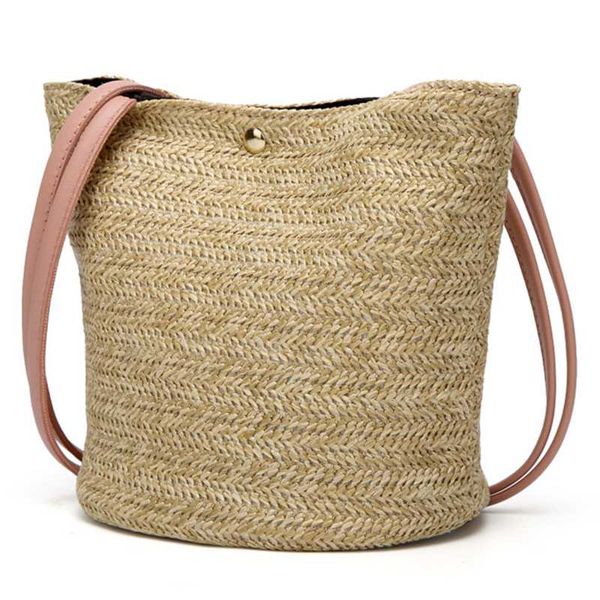 

сумка женская мода женщины повседневная сумка соломенные сумки сплетенные ведро сумка дамы с плечевым ремнем, розовый