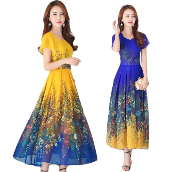 

2019 women summer dress plus size long chiffon sunflower dress temperament printed long short-sleeved beach e197, Black;gray