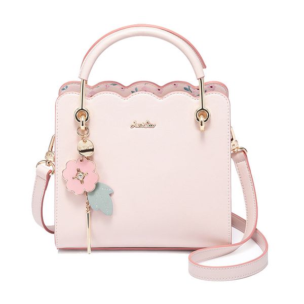 

just star women's pu leather handbag ladies fashion stitching handbag pink lady flower tassel fresh color crossbody bag