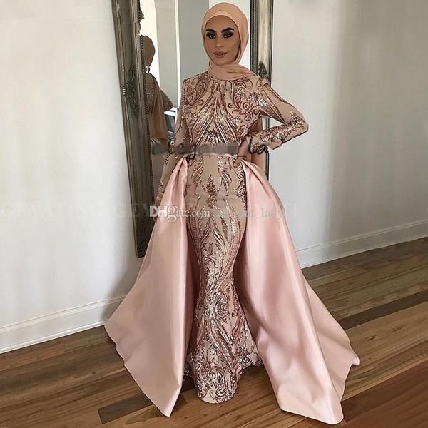 

saudi arabia long sleeves mermaid muslim evening dress with detachable train rose gold hunter sequin kaftan dubai prom formal dresses, Black