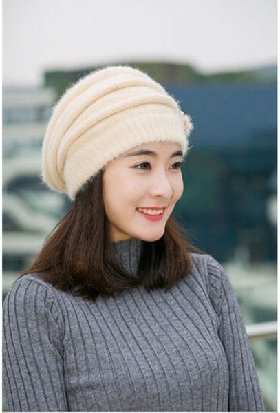 

cap beret womens winter warm flower knit crochet beanie hat, Blue;gray