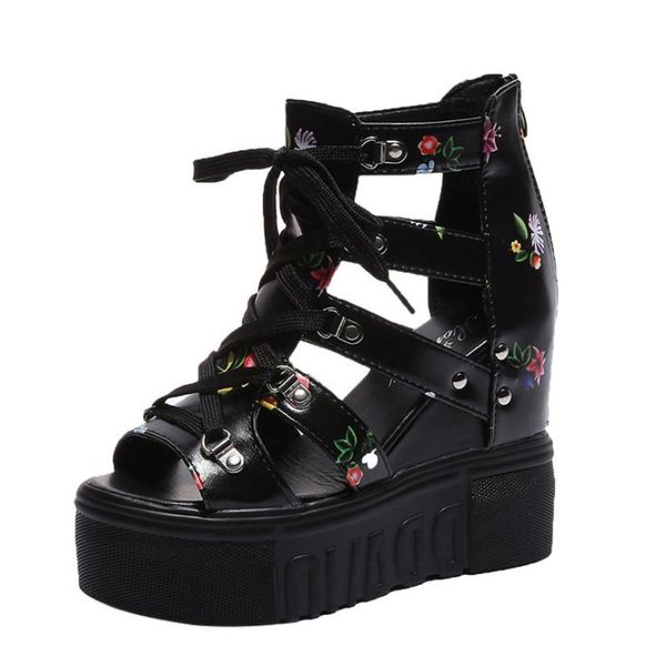 

shoes summer women's wedge sandals high heel flower cross straps fashion roman sandals women's style for ladies xin1, Black