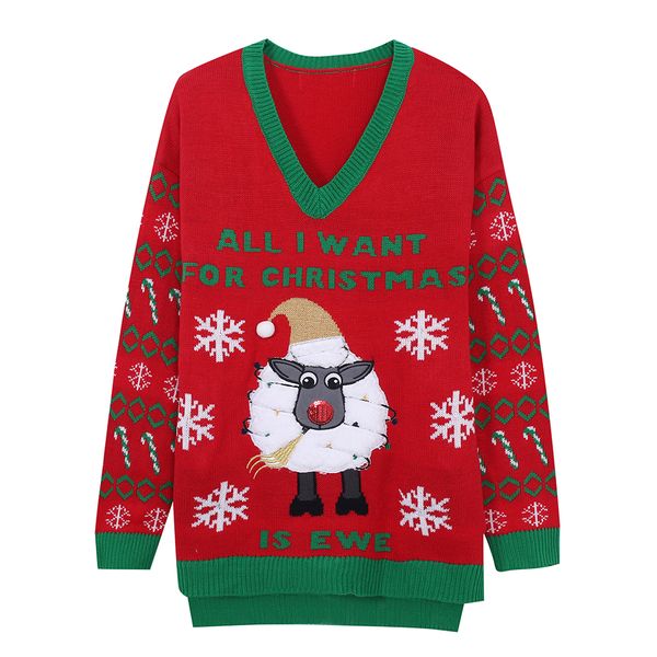 

led light-up knitted ugly jumper sheep sweater santa claus xmas pattern christmas sweater green men womens wear love, White;black