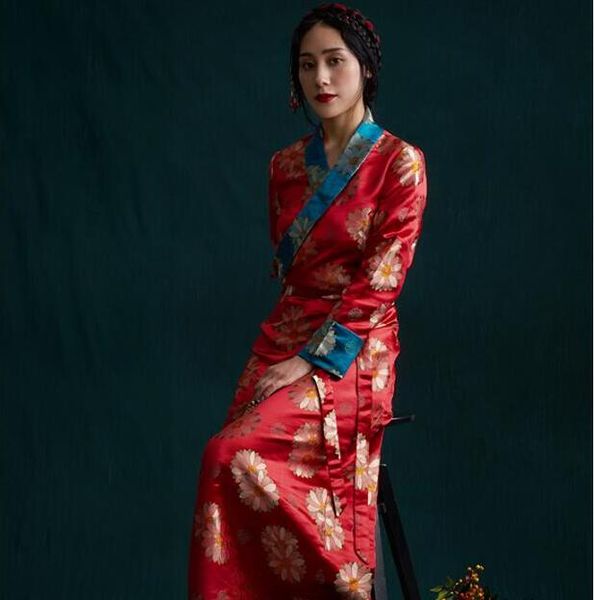 

south asia nepal tibet himalayan areas travel costume woman lady girl clothing oriental chinese moden long robe tibetan dress, Red