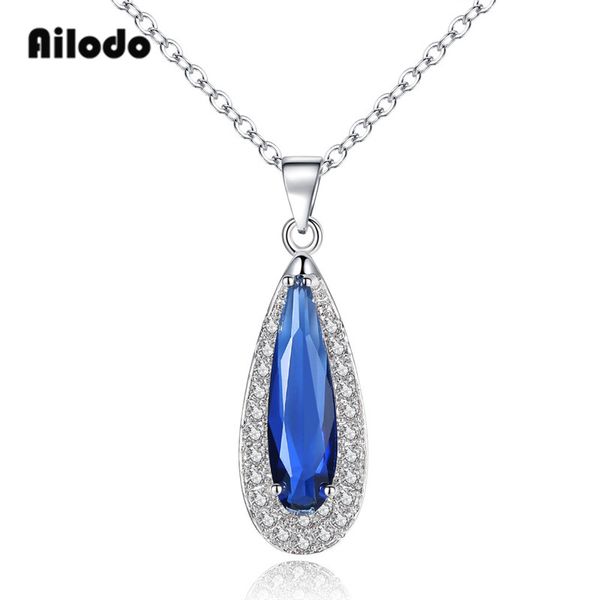 

ailodo new fashion waterdrop crystal pendant necklace blue red green purple color simple elegant necklace for women gift ld073, Silver