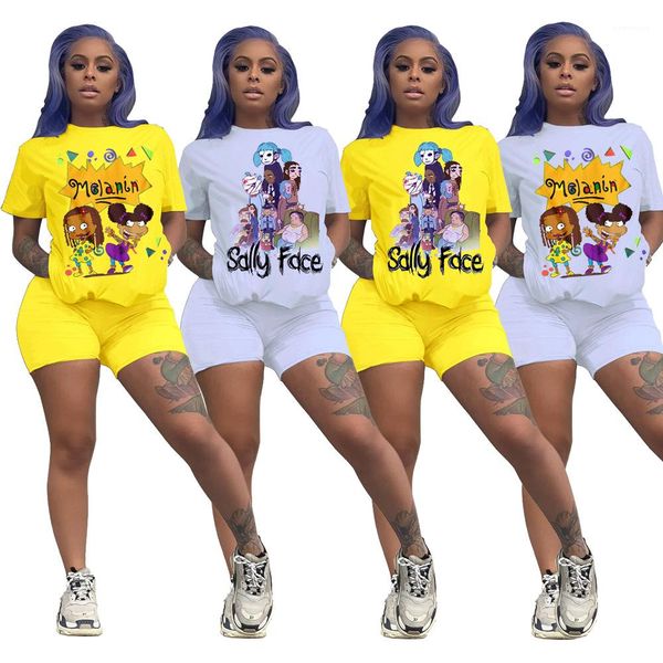 

shorts designer famale sports suit lady cartoon character casual tracksuit short sleeve loose crew neck tshirt solid, Gray