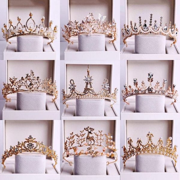 

baroque vintage gold crystal bridal tiaras crowns noble rhinestone pageant diadem veil tiara headbands wedding hair accessories, Golden;white