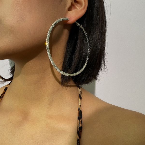 

find me hip-hop hoop earrings for women geometric punk alloy rhinestone large circle earrings fashion jewelry accessories, Golden;silver