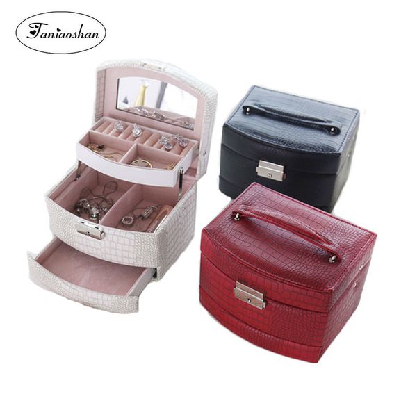 

lizard striped automatic jewelry box with lock exquisite three layer leather earrings storage casket portable fashion gift box t190629, Black;white