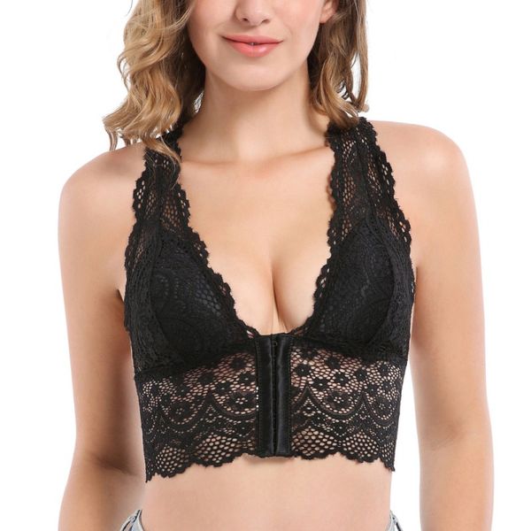 

women's fashion lace trim front closure bra solid color adjustableÂ sports extra-elastic casual breathable brassiere, Red;black