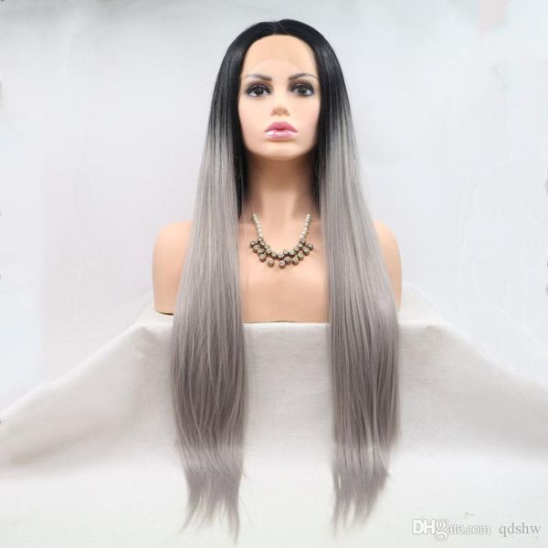 Straight Dark Root Gray Lacefront Wigs Heat Resistant Fiber
