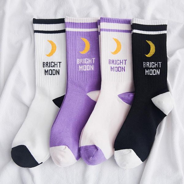 

men women harajuku hip hop autumn elastic rib trim long crew socks new moon letters stripes printed couples cotton tube hosiery, Black;white