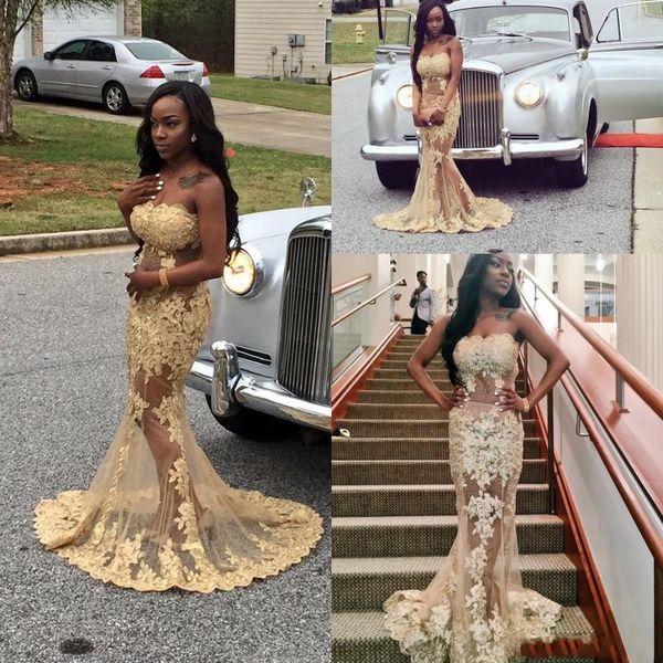 

african style strapless illusion bodice prom dresses gold backless lace appliques see through skirt sweep train evening gowns, Black