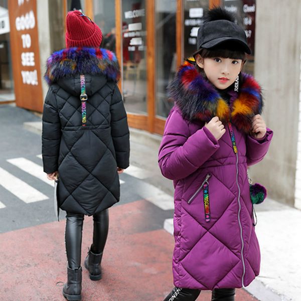 

2019 girls clothing cotton-padded outerwear coat winter children warm clothes fashion parka multicolour fur collar jacket 3-16 y, Blue;gray