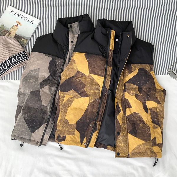 

men's vests casual students short cotton coat white duck down jackets camouflage single breasted with zipper waistcoat m-3xl, Black;white