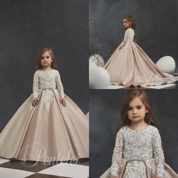 2020 Champagne Ball Ball Flor Girl Vestidos Lace Appliqued Satin Manga Longa Meninas Pageant Vestido Menina Primeiros Vestidos de Comunhão Sagrado