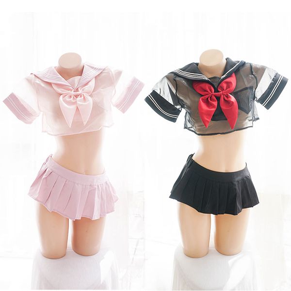 

japanese student uniform sweet cute kawaii underwear anime lingerie set mesh gauze bow knot cosplay temptation costumes, Red;black