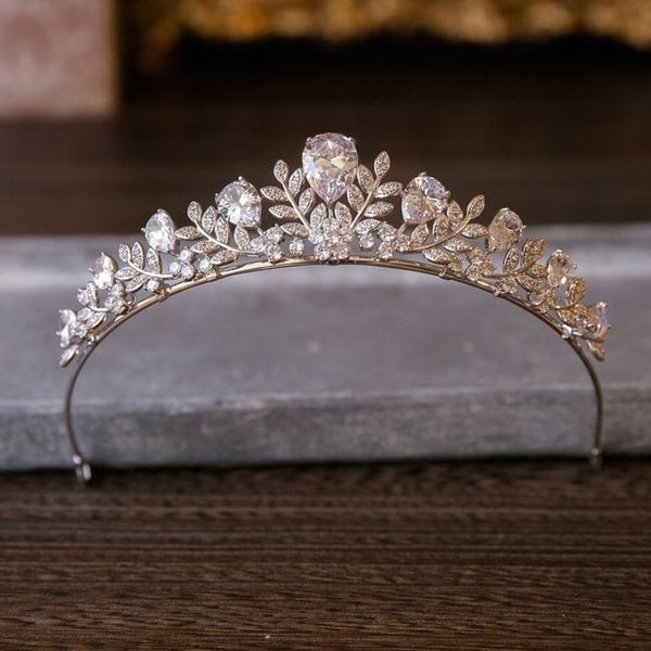 

european baroque rhinestone brides crown zirconia brides tiara leaves crystal hairbands evening hair accessories, Golden;white
