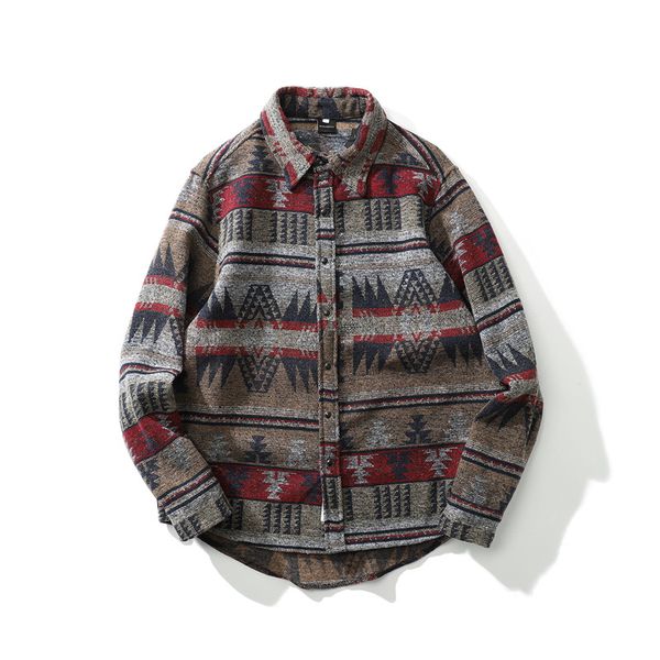 

2020 fashion long sleeve flannel woolen shirts autumn winter thicken warm vintage folk-custom pattern casual streetwear shirts, White;black