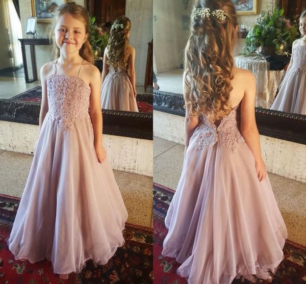 

dusty pink beach country 2019 pageant flower girls dresses halter low backless organza applique lace little girls prom party gowns 172, White;blue