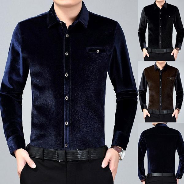 

2019 winter solid men's shirt warm imitation water velvet middle-aged shirt fashion winter clothes slim camisas ropa #c11, White;black
