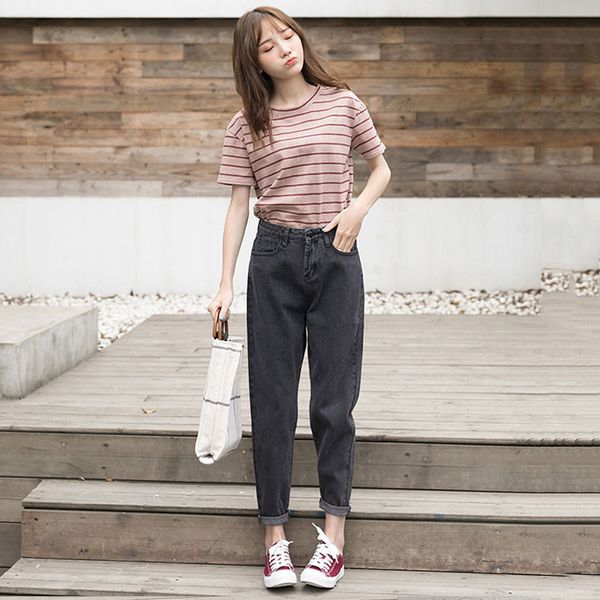 

black and gray ins original style harun wide-leg jeans female loose korean version students slim high-waisted turnip pants, Blue