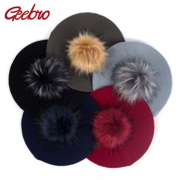 

geebro fashion baggy knitted beret for women acrylic hats faux fur pom pom casual bonnet caps female solid artist beret bl006, Blue;gray