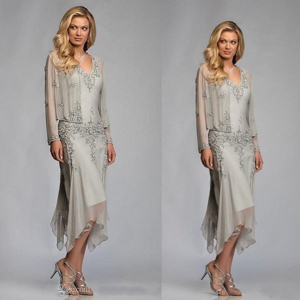 

modern two pieces mother of the bride dresses with coat long sleeve tea-length evening mother's dresses wedding guest gowns plus
