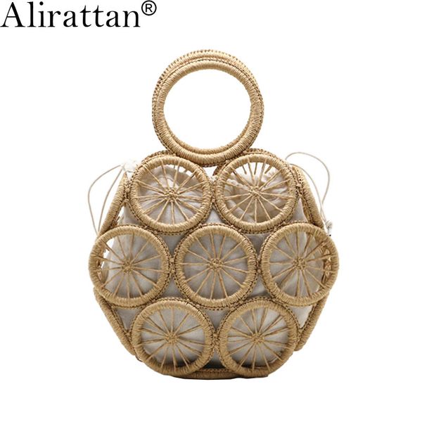 

alirattan новое лето женщины соломенная сумка мода круглый пляжная сумка rattan woven плеча сумку дамы travel tote ins h381